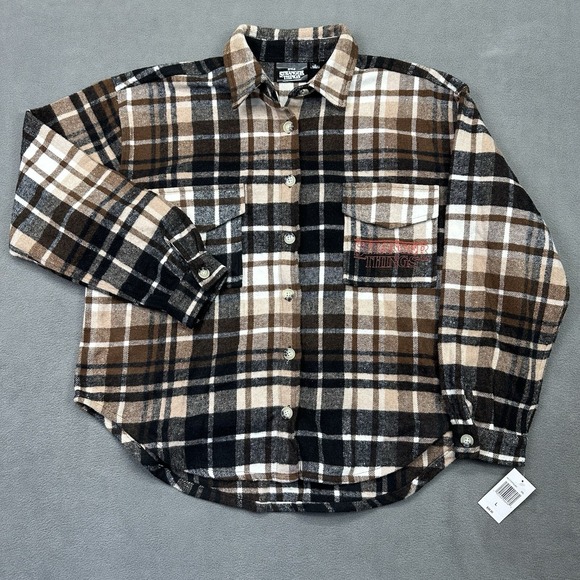 Stranger Things Shacket Women's L Wool Blend Black Brown Plaid Oversized NWT - Picture 3 of 12